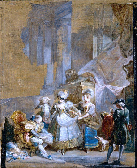  Luis Paret Y Alcazar Elegant Company Preparing for a Masked Ball - Art Print