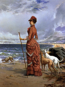  Edmond-Louis Dupain Elegant Lady Walking Her Greyhounds on the Beach - Art Print
