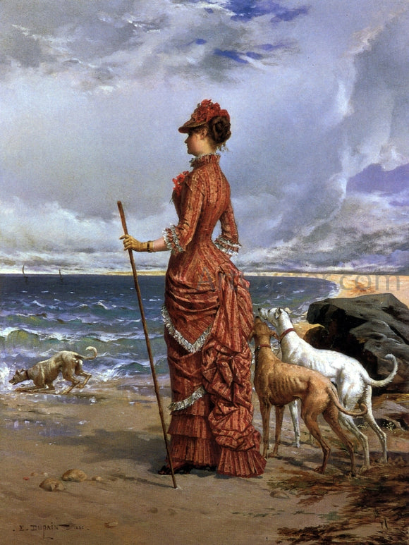  Edmond-Louis Dupain Elegant Lady Walking Her Greyhounds on the Beach - Art Print