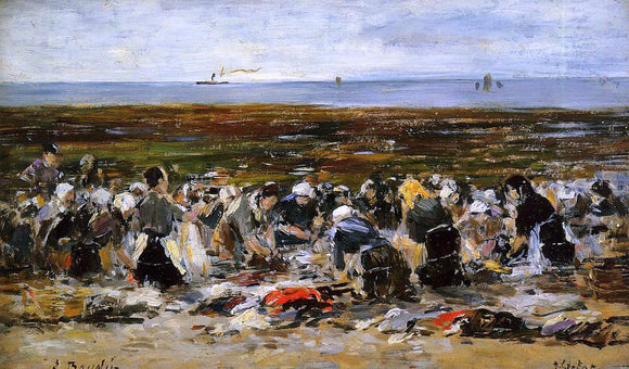  Eugene-Louis Boudin Etretat, Laundresses on the Beach, Low Tide - Art Print
