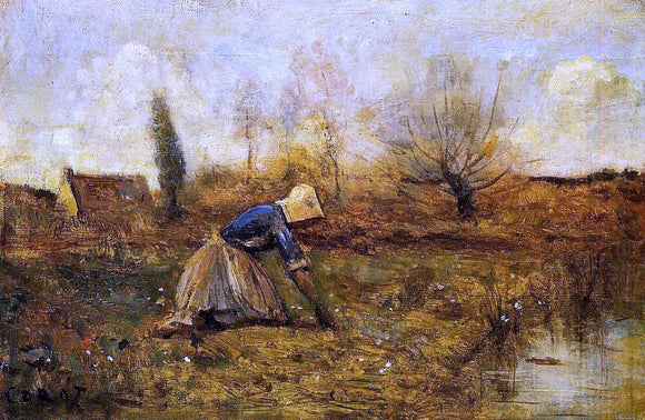  Jean-Baptiste-Camille Corot Farmer Kneeling Picking Dandelions - Art Print