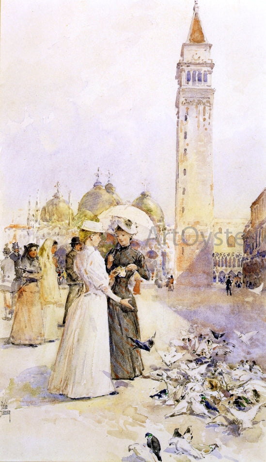  Frederick Childe Hassam Feeding Pigeons in the Piazza - Art Print