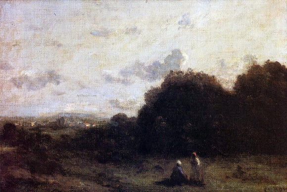  Jean-Baptiste-Camille Corot Fields with a Village on the Horizon, Two Figures in the Foreground - Art Print