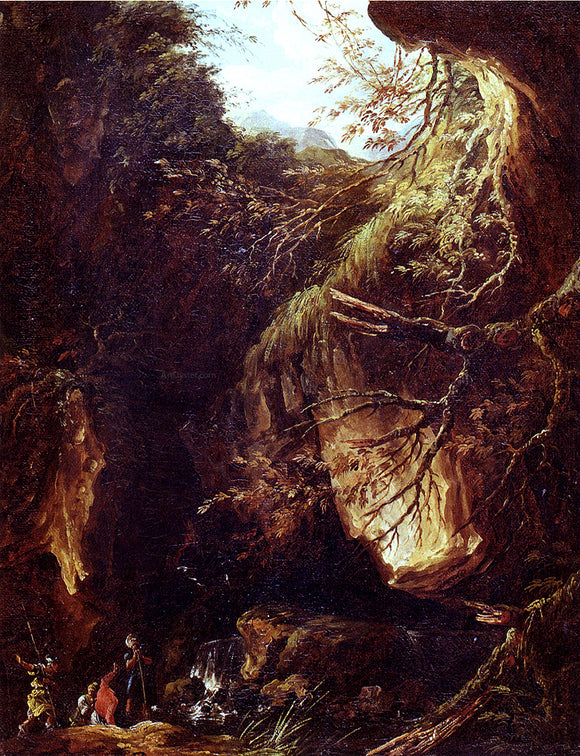  Hubert Robert Figures By A Waterfall In A Wooded Landscape - Art Print