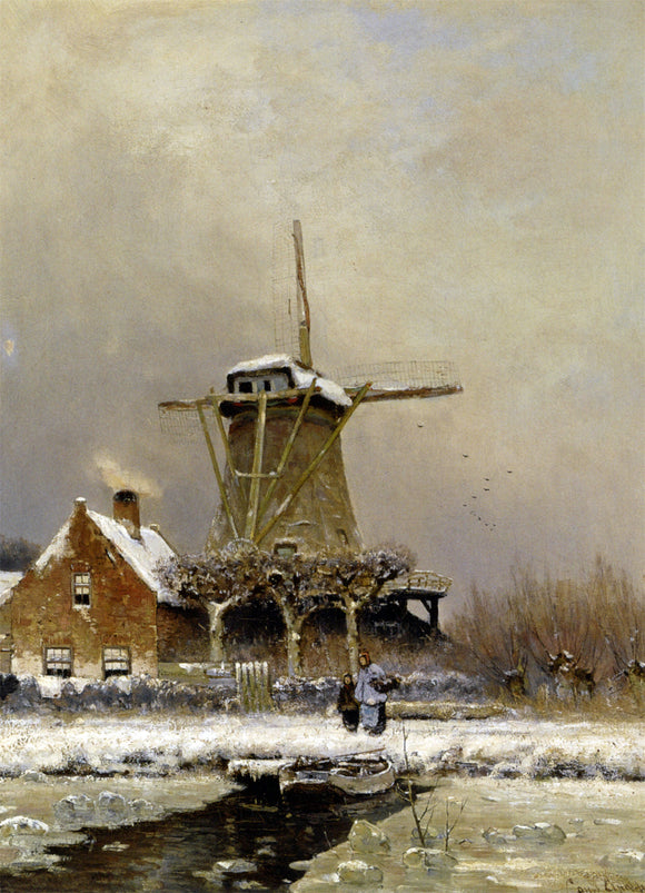 Louis Apol Figures by a Windmill in a Snow Covered Landscape - Art Print