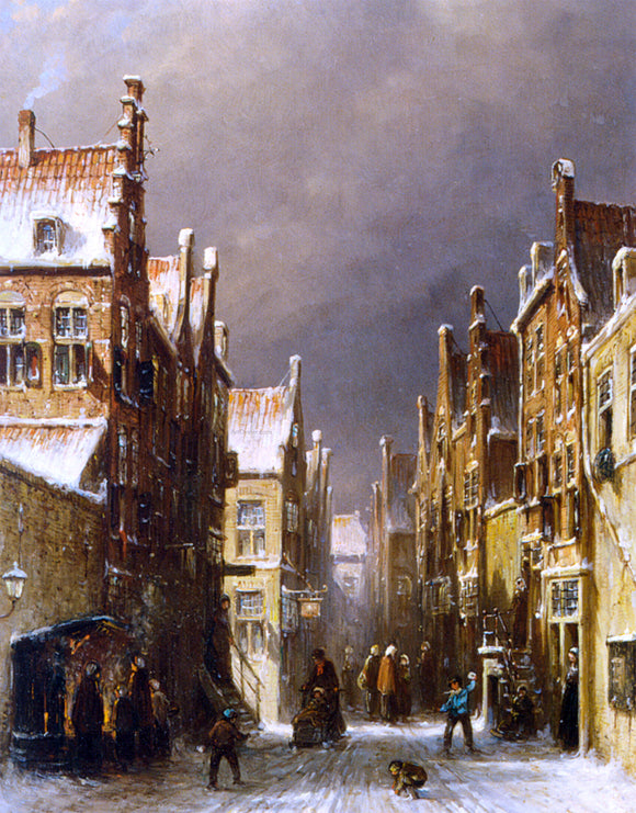  Pieter Gerard Vertin Figures in the Snow Covered Streets of a Dutch Town - Art Print