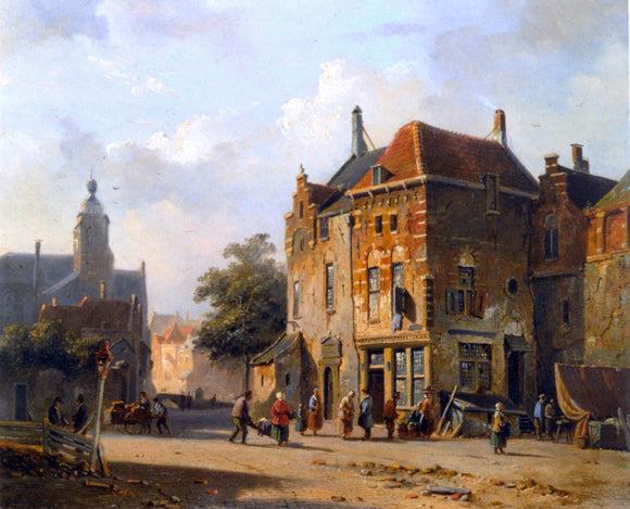  Adrianus Eversen Figures in the Streets of a Dutch Town - Art Print