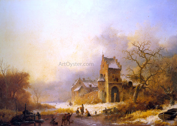  Frederk M Kruseman Figures on a Frozen River in a Winter Landscape - Art Print