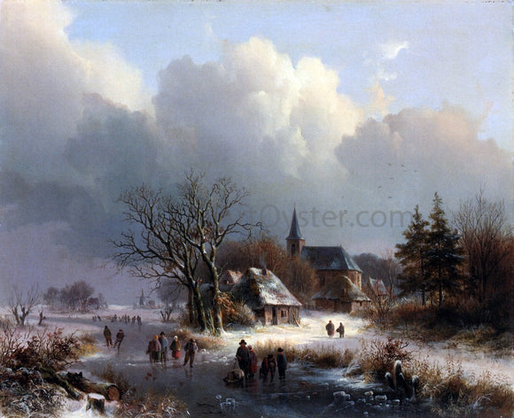  Johann Bernard Klombeck Figures on a Frozen River in Winter - Art Print