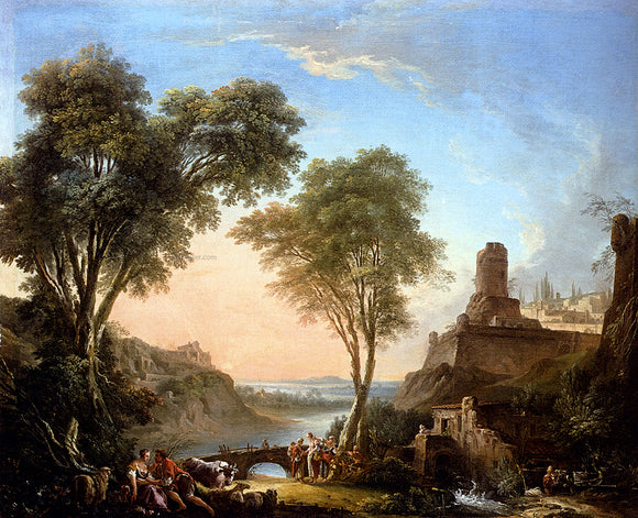  Nicolas-Jacques Juliard Figures Resting On The Banks Of A River, A Bridge In The Distance - Art Print
