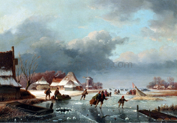  Andreas Schelfhout Figures Skating on a Frozen River - Art Print