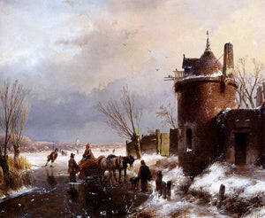  Andreas Schelfhout Figures With A Horse Sledge On The Ice, A Town In The Distance - Art Print