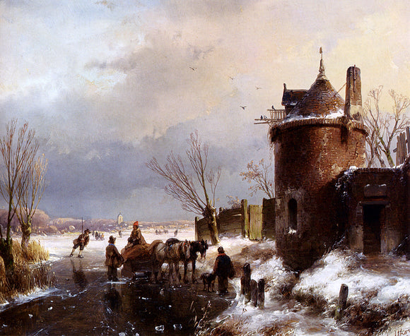  Andreas Schelfhout Figures With A Horse Sledge On The Ice, A Town In The Distance - Art Print