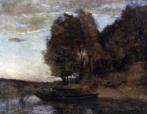  Jean-Baptiste-Camille Corot Fisherman Boating Along a Wooded Landscape - Art Print