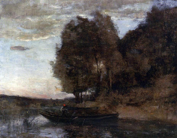  Jean-Baptiste-Camille Corot Fisherman Boating Along a Wooded Landscape - Art Print