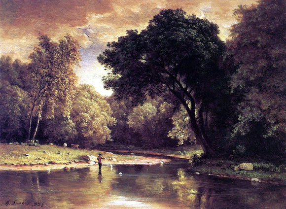  George Inness Fisherman in a Stream - Art Print