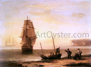  Thomas Luny Fishermen unloading the catch with a merchant ship in calm water off Brymer Bay, Devon - Art Print