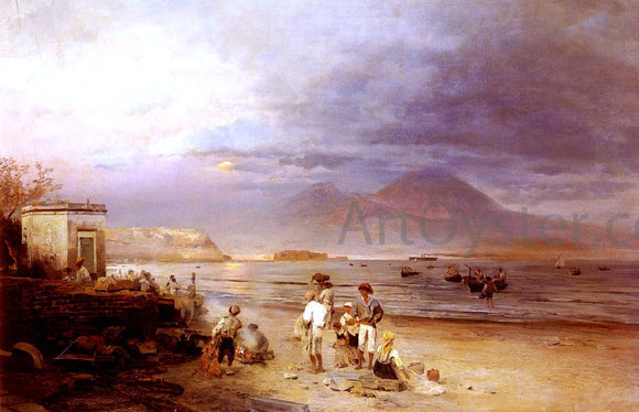  Oswald Achenbach Fishermen with the Bay of Naples and Vesuvius Beyond - Art Print