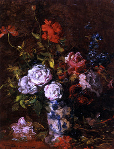  Karl-Pierre Daubigny Floral Still Life in a Blue and White Porcelain Vase - Art Print