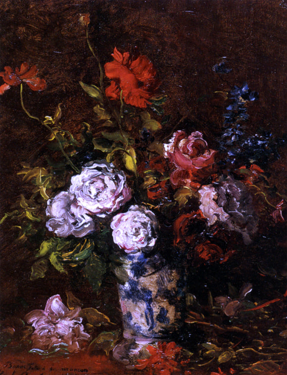  Karl-Pierre Daubigny Floral Still Life in a Blue and White Porcelain Vase - Art Print