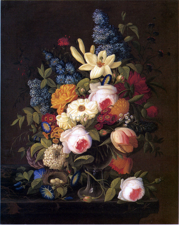  Severin Roesen Floral Still Life with Nest of Eggs - Art Print