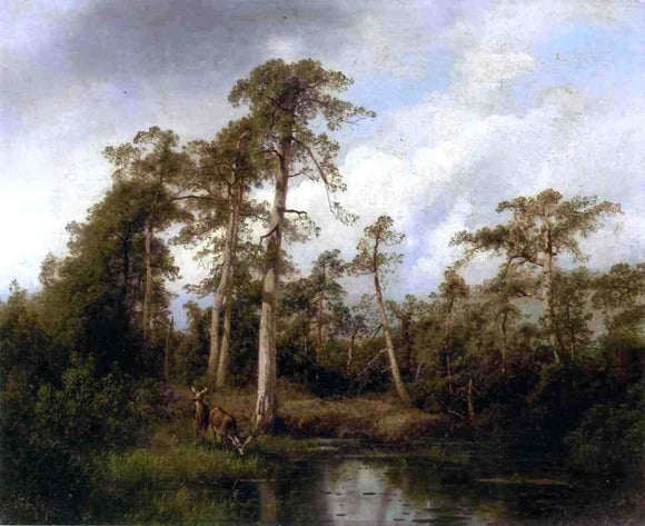 Herman Herzog Florida Live Oaks with Deer - Art Print