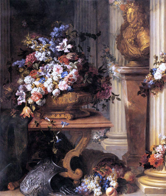  Jean-Baptiste Belin De Fontenay Flowers in a Gold Vase, Bust of Louis XIV, Horn of Plenty and Armour - Art Print