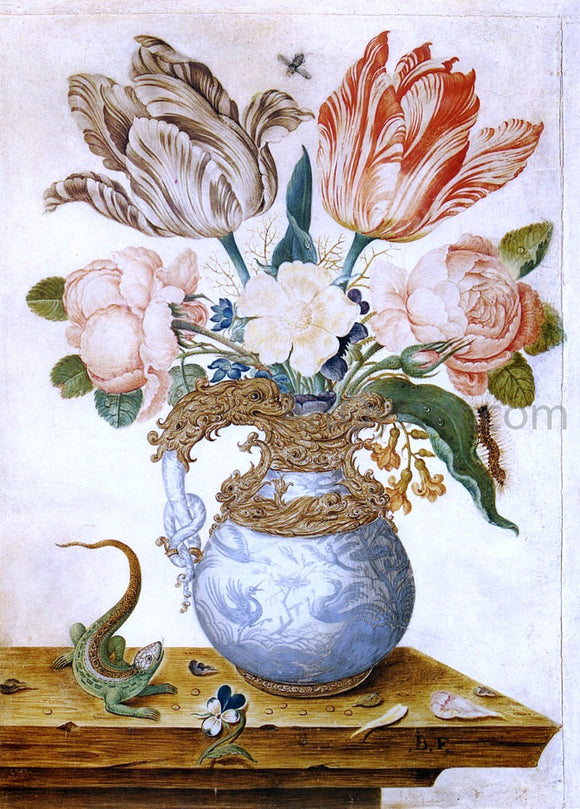  Jean-Baptiste Fornenburgh Flowers in an Ornamental Vase, A Lizard Beside It - Art Print