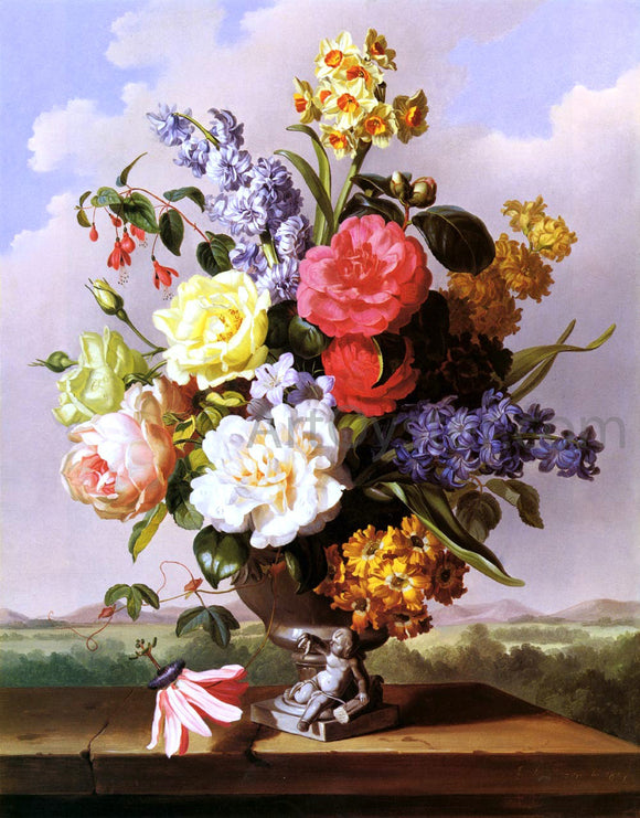  Anton Hartinger Flowers In An Urn On A Ledge - Art Print