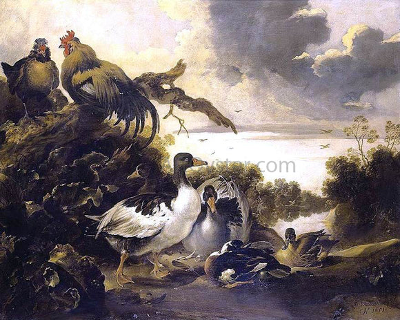  Gijsbert Gillisz De Hondecoeter Fowl on a Riverbank - Art Print