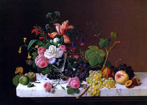  Severin Roesen Fruit and Flowers on a Marble Table Ledge - Art Print