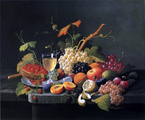 Severin Roesen Fruit on a Marble Ledge with Wine Glass - Art Print
