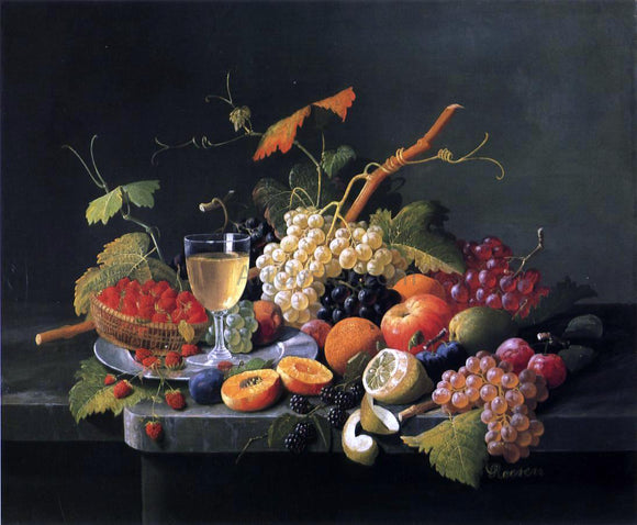  Severin Roesen Fruit on a Marble Ledge with Wine Glass - Art Print