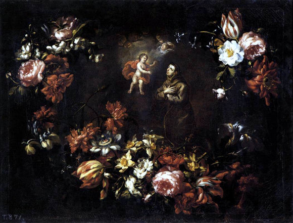  Bartolomé Pérez Garland of Flowers with St Anthony of Padua - Art Print