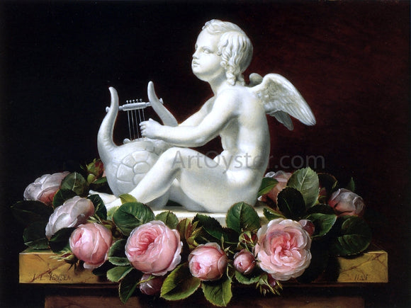  Johan Laurentz Jensen Garland of Pink Roses around 'Cupid Playing a Lyre' on a Brown Marble Ledge - Art Print