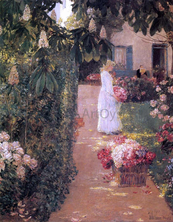  Frederick Childe Hassam Gathering Flowers in a French Garden - Art Print