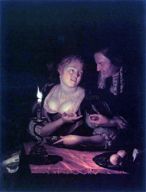  Godfried Schalcken Gentleman Offering a Lady a Ring in a Candlelit Bedroom - Art Print