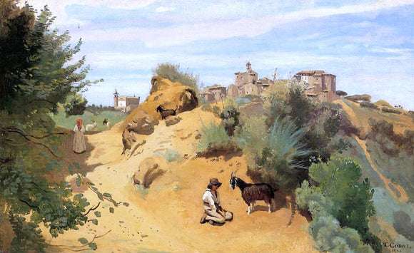  Jean-Baptiste-Camille Corot Genzano - Goatherd and Village - Art Print