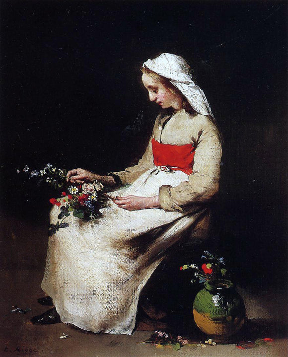  Theodule Ribot Girl Arranging a Vase of Flowers - Art Print