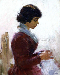  Theodore Robinson Girl in Red, Sewing - Art Print