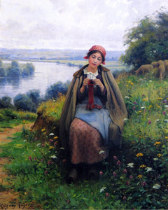  Daniel Ridgway Knight Girl Knitting - Art Print