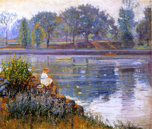  Theodore Wendel Girl Seated by a Pond - Art Print
