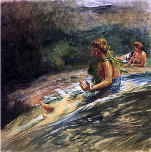  John La Farge Girl Sliding Down Water Fall, Banna Leaf Around Her Body - Art Print