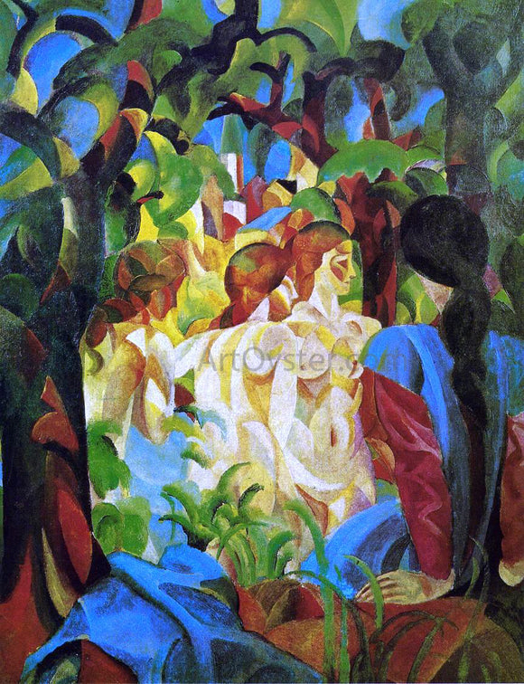  August Macke Girls Bathing with Town in Background - Art Print