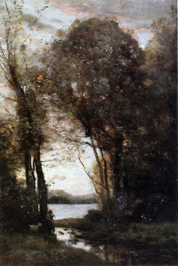  Jean-Baptiste-Camille Corot Goatherd Standing, Playing the Flute Under the Trees - Art Print