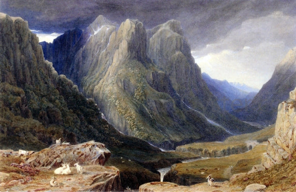  George Fennel Robson Goats on a Rocky Outcrop Above a Highland Glen - Art Print