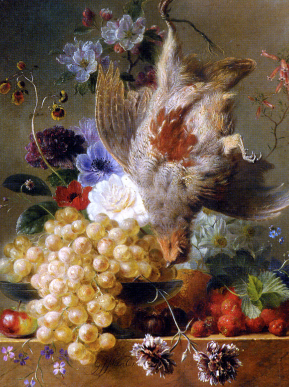  George Jacobus Johannes Van Os Grapes Strawberries Chestnuts an Apple and Spring Flowers - Art Print