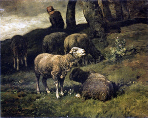  Charles Emile Jacque Grazing Sheep with a Sheperdhess Beyond - Art Print