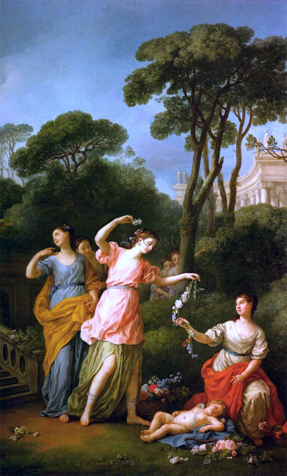  Joseph-Marie Vien Greek Maidens Adorning a Sleeping Cupid with Flowers - Art Print