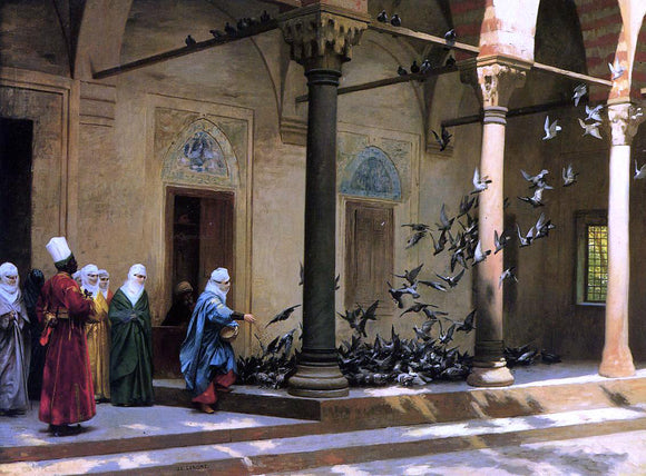  Jean-Leon Gerome Harem Women Feeding Pigeons in a Courtyard - Art Print